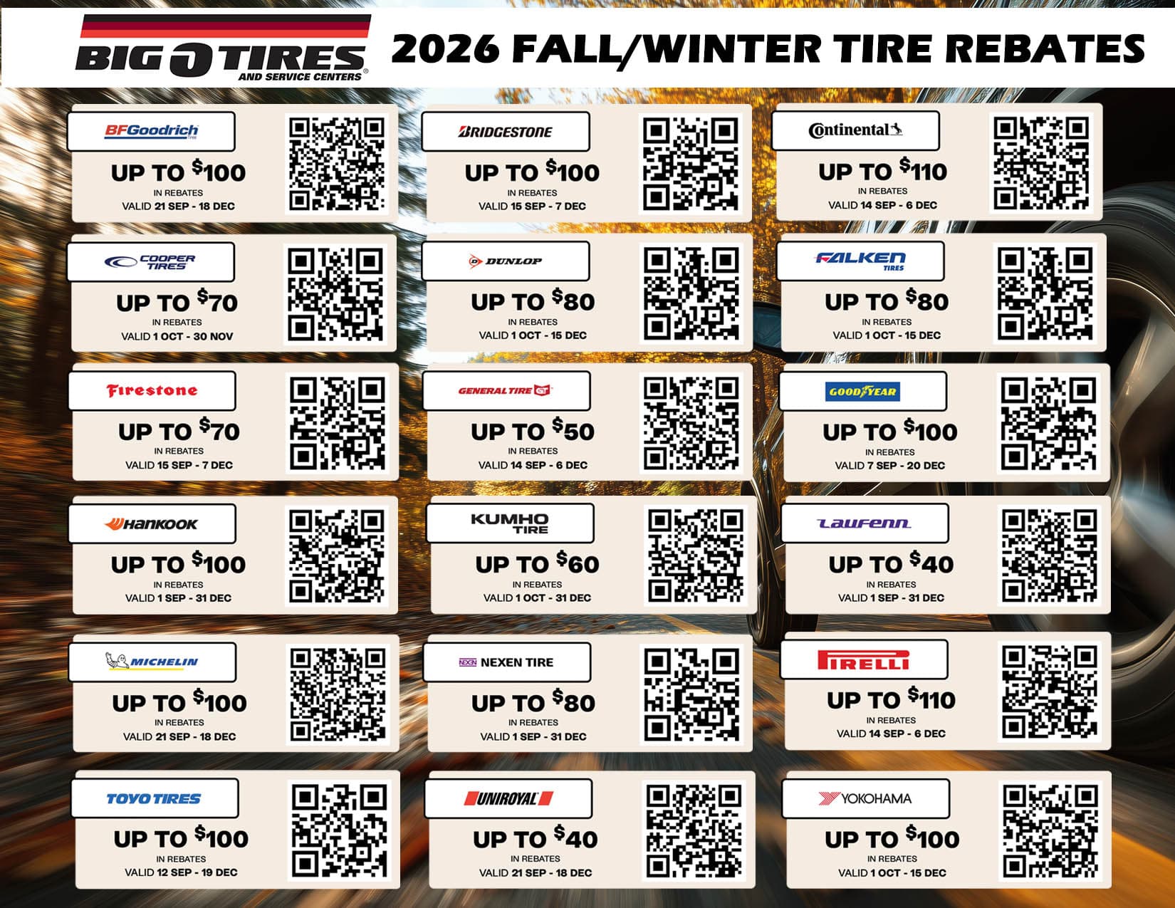 Big O Tires 2026 Fall/Winter tire rebates poster